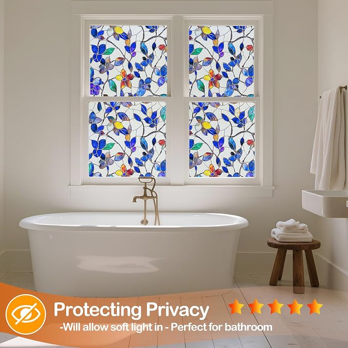Countewol Colorful Leaf Static Cling Window Film Frosted Stained Glass Privacy Anti-Glare UV Protection for Home & Bathroom(Textured Stained Leaf, 35.4 x 78.7 in)