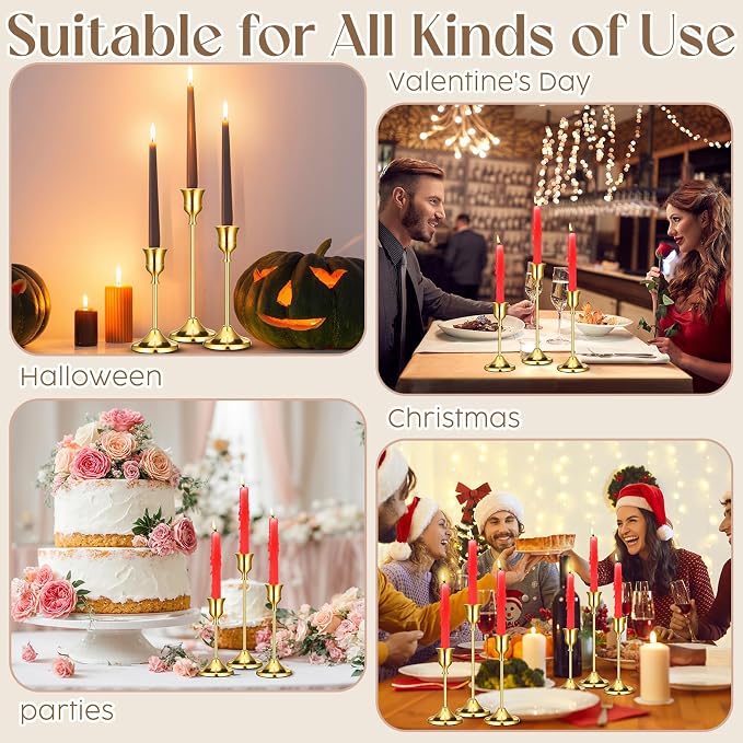 6PCS Brass Gold Taper Candle Holders Set, Vintage Metal Candlestick Holders for Table Centerpiece, Wedding Reception, Festive Christmas Mantel Decoration