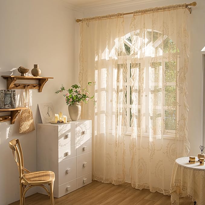 Sutuo Home Beige Lace Curtains 2 Panels for Bedroom Living Room 108 Inches Long, Vintage Embroidered Floral Rose Sheer Curtains, Privacy Shabby Chic Windows Treatment Pair, Rod Pocket, W57 x L108