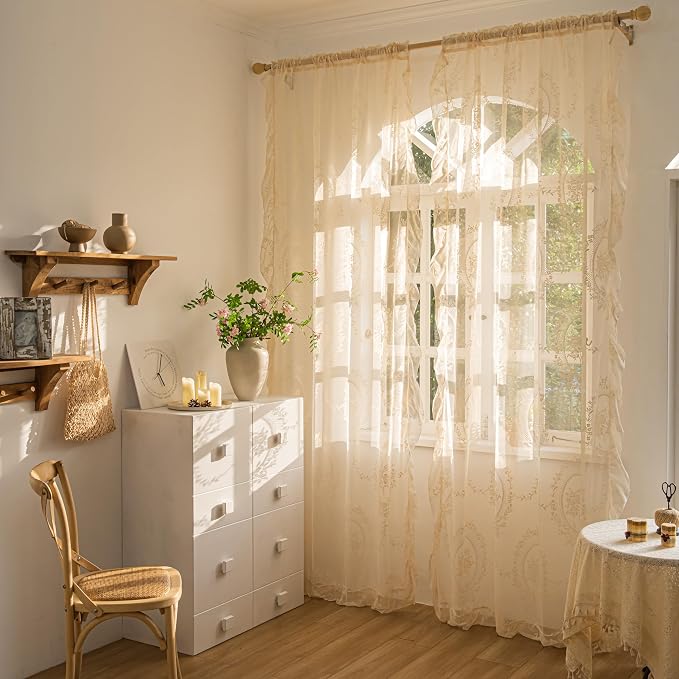 Sutuo Home Beige Lace Curtains 72 Inches Long 2 Panels Set, Sheer Panels Rose Floral Embroidery Ruffled Vintage Window Treatment Pair for Nursery Bedroom Living Room, Rod Pocket, W57 x L72