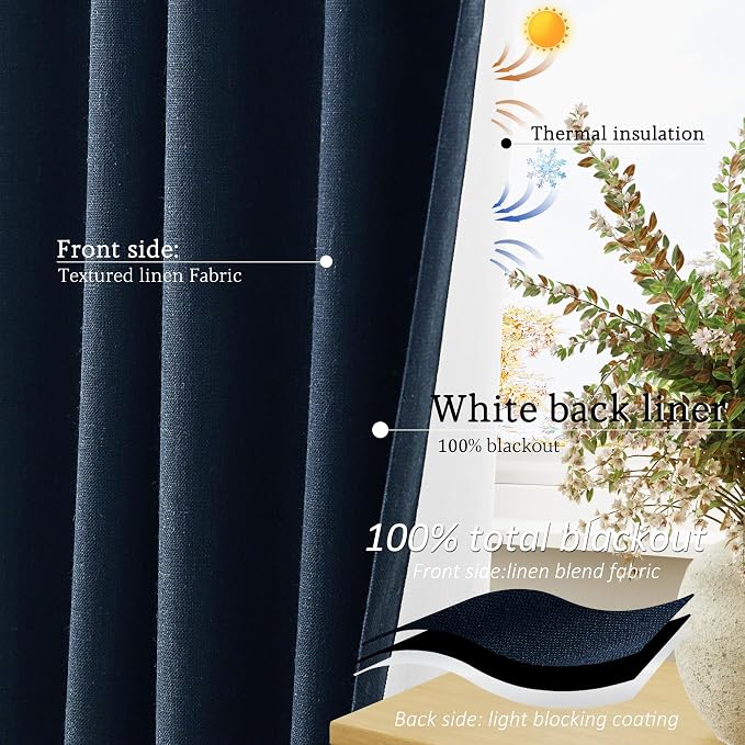 Jowels Retro Blue Linen Blackout Curtains 108 Length 2 Panels Set for Living Room Bedroom, 100% Black Out Thermal Insulated Linen Drapes, Room Darkening Grommet Curtains 108 Inches Long Retro Blue