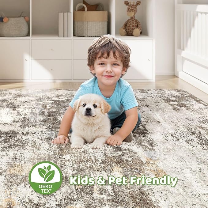 10x14 Area Rugs Living Room: Washable Large Abstract Neutral Modern Soft Rug Stain Resistant Indoor Floor Non-Slip Accent Carpet for Bedroom Nursery Playroom Dining Room Office Dorm Home- Brown Yellow