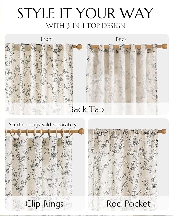 jinchan Black Floral Linen Curtains 96 Inch Farmhouse Back Tab 2 Panels | Flower patterned drapes, french country, printed, privacy, light filtering, bedroom, living room, dining room, home decor