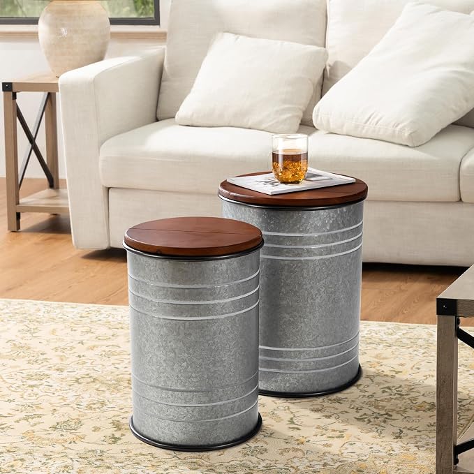 Glitzhome Rustic End Table Set of 2, Farmhouse Galvanized Metal Barrel Ottoman Storage Stool with Round Wood Lid for Living Room Furniture, Grey