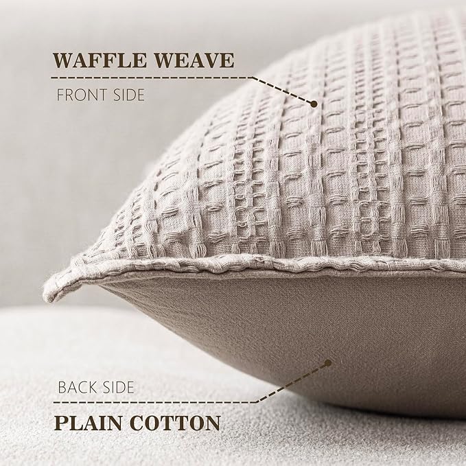 Foindtower Set of 2 Decorative Cotton Waffle Weave Throw Pillow Covers Euro Shams Cushion Covers Accent European Pillowcase for Bed Couch Sofa Bedroom Living Room Home Decor 24×24 Inch Tan Beige