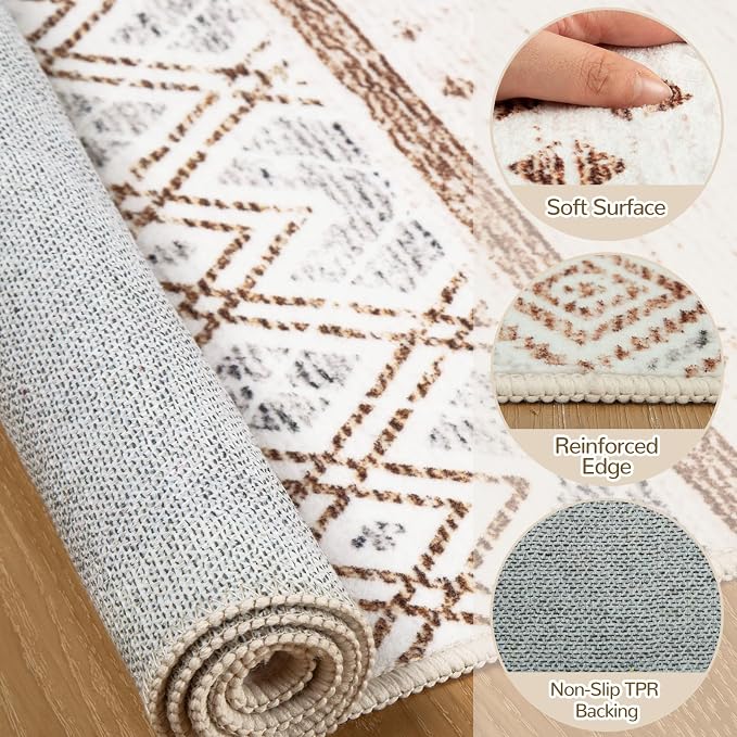 BESTSWEETIE 2x8 Area Rugs for Living Room Washable Moroccan Farmhouse Neutral Geometric Low Pile Non-Slip Soft Print Pattern Rug for Bedroom Kitchen Dining Room Entryway Cream/Brown/Pink