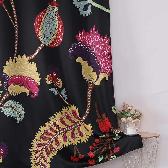 Estelar Textiler Bird and Floral Blackout Curtains for Bedroom,Boho Colorful Flowers Grommet Thermal Insulated Room Darkening Window Curtains for Living Room,52Wx90L Inches, 2 Panels