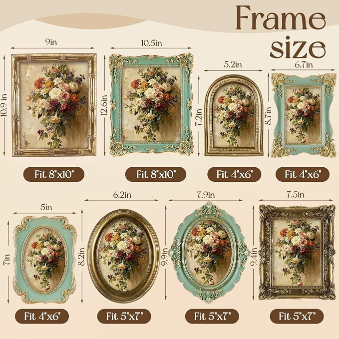 Lineshading 8 Pcs Gold and Green Picture Vintage Gallery Wall Frame Set Including 8x10, 5x7, 4x6 Antique Resin Picture Frame Collage Baroque Victorian for Wall Tabletop Display for Bedroom Living Room