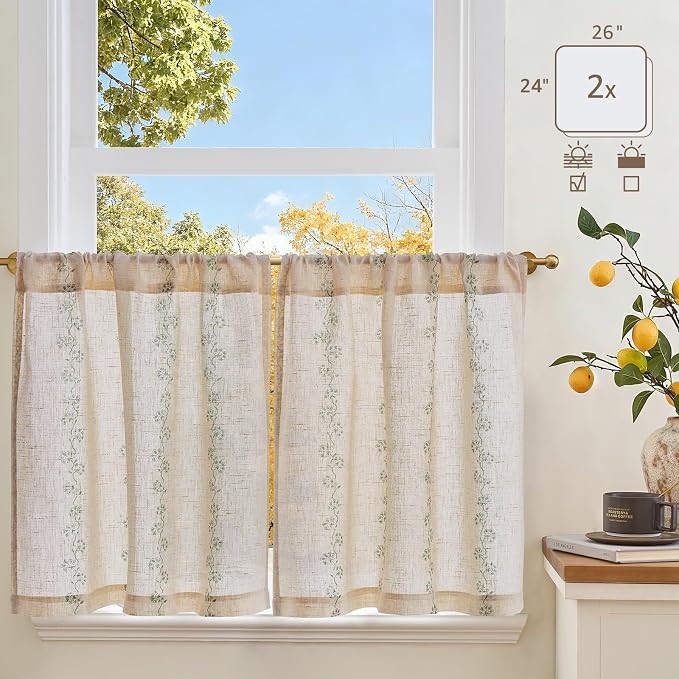 jinchan Katy Linen Floral Kitchen Curtains 24 Inches Length Stripe Cafe Curtains Farmhouse Cottagecore Tier Small Window Drapes for Living Room Light Filtering Rod Pocket 2 Panels Sage Green on Linen