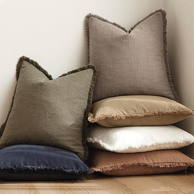 Foindtower Set of 2 Decorative Linen Fringe Throw Pillow Covers Cozy Boho Farmhouse Cushion Cover with Tassels Soft Accent Pillowcase for Couch Sofa Bed Living Room Home Decor,26×26 Inch,Brown Tan