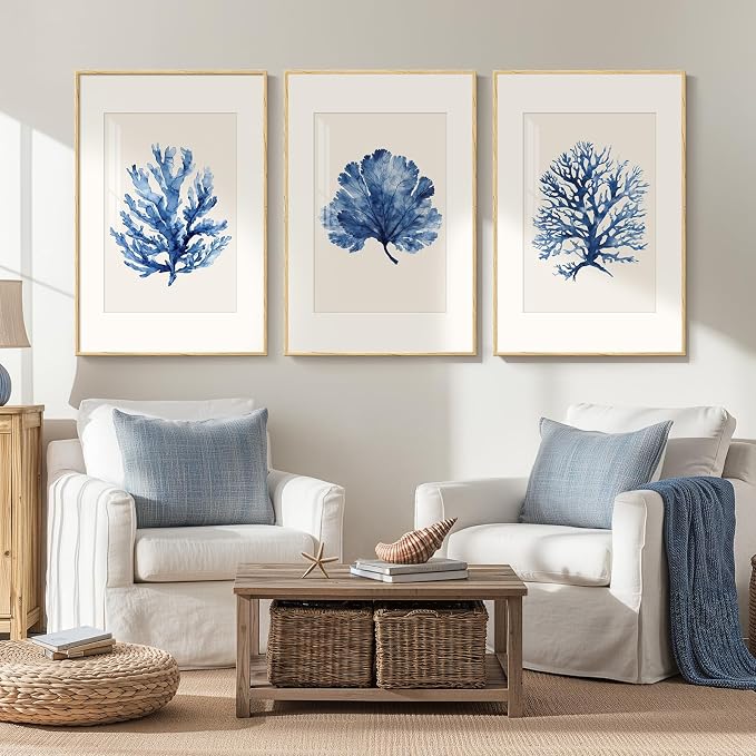 Framed Coastal Coral Watercolor Wall Art for Living Room, Large 3 Piece Navy Blue Coral Artwork for Walls, Minimalist Ocean Beach Marine Plants Pictures Prints for Bedroom Hallway Wall Decor, 20x30 In