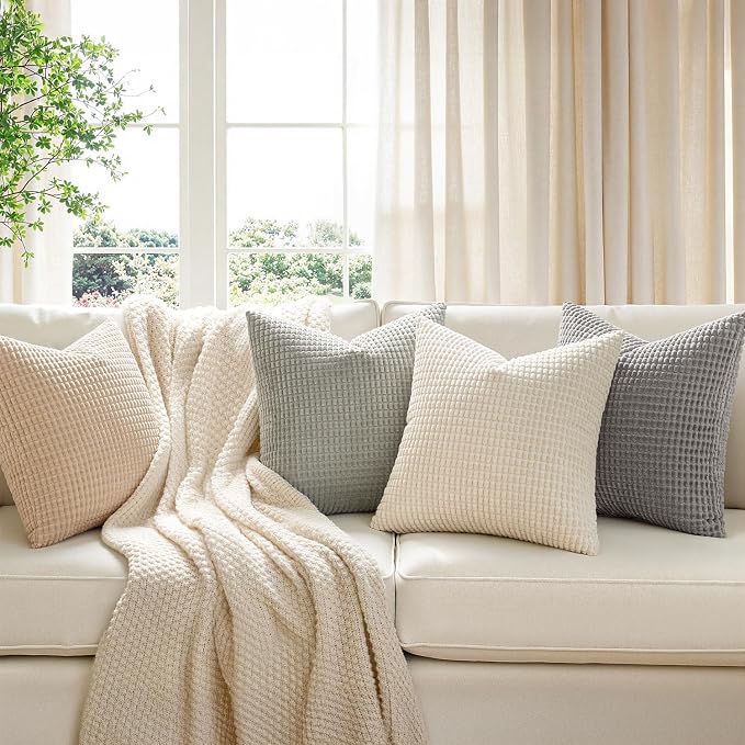 MIULEE Boho Farmhouse Decorative Pillow Covers 18x18 Inch Set of 4 Neutral | Rustic Modern Neutral Home Decor Couch Throw Pillows Corduroy Pillowcases for Sofa Living Room Bed