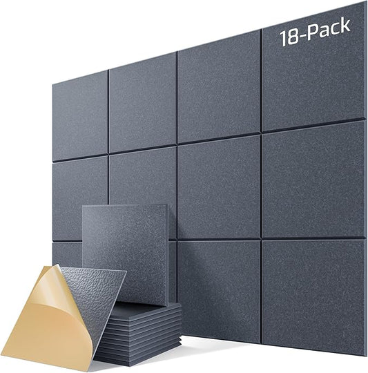 18 Pack Acoustic Panels for Walls, 12" x 12" x 0.4" High Density Self-Adhesive Soundproof Wall Panels, Sound Absorbing Foam Panels for Home & Office Studio (Dark Gray)