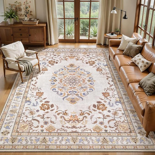Tangsoo 6x9 Large Area Rug for Living Room, Non Slip Machine Washable Rug for Bedroom, Boho Vintage Beige Neutral Rugs, Soft Low Pile Indoor Floor Carpet Mat for Office Kitchen Farmhouse Home Decor