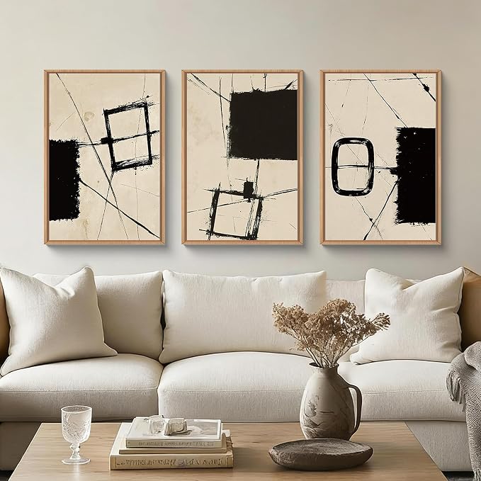 HOURIA Abstract Neutral Black Beige Brush Stroke Framed Canvas Wall Art Set,Wabi Sabi Geometric Grunge Line Shapes Wall Decor,Modern Minimalist Ink Sketch Artwork for Living Room,Farmhouse-16 x24 x3