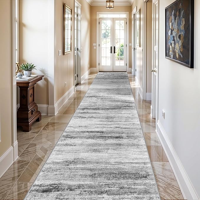 3x14 Washable Hallway Runner Rug: Extra Long Runners for Entryway Living Room Dining Room - Stain and Water Resistant Rugs with Non-Slip Backing - Soft Low-Pile Carpet 14ft Grey
