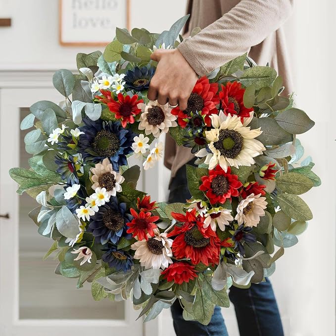 WANNA-CUL 24 Inch Patriotic Sunflower Wreath 4th of July Front Door Wreath | Red White Blue Summer Memorial Day Independence Day Labor Day Wreath for Indoor Outdoor Holiday Decor