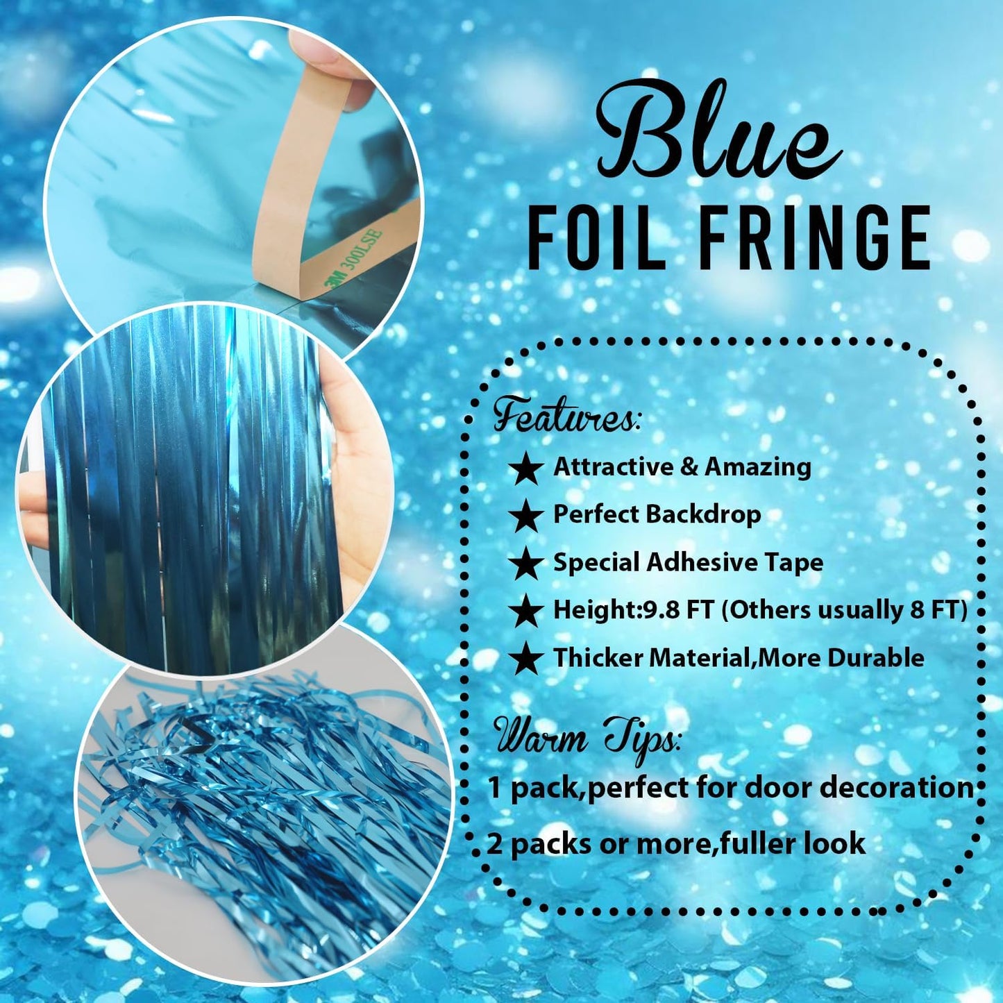 GOER 3.2 ft x 9.8 ft Metallic Tinsel Foil Fringe Curtains Party Photo Backdrop Party Streamers for Birthday,Graduation,New Year Eve Decorations Wedding Decor (Light Blue,1 Pack)