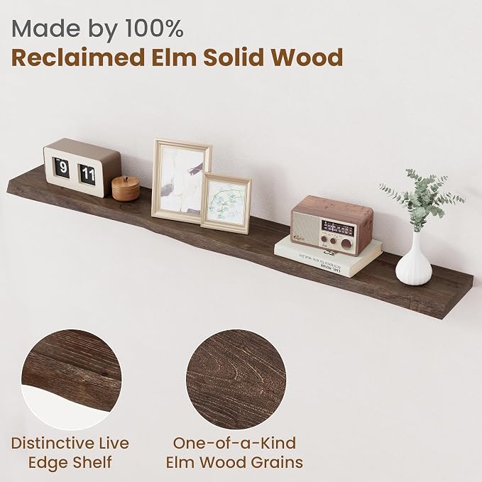 FLYJOE Floating Shelves for Wall Decor, Rustic Solid Elm Wood Live Edge Floating Shelves Wall Mounted, Wall Shelves with Invisible Bracket for Living Room Bathroom Bedroom Kitchen, 55 Inch, Walnut