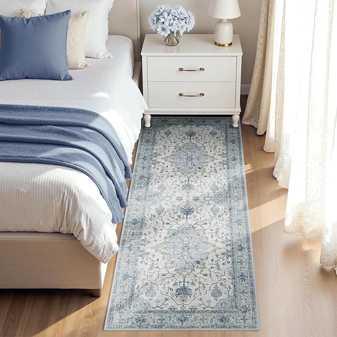 RELEANY Area Rugs Runner 2'x6' Washable Non-Slip, Floral Vintage Distress Medallion Carpet for Kitchen Hallway Bedroom Beside Laundry Room Bathroom, Light Blue Navy Gray White