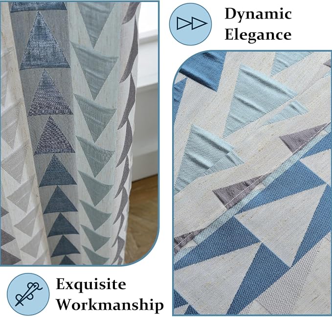 Leeva Modern Jacquard Curtains 52x63 Inch - Geometric Triangle Pattern, Light Filtering Drapes with Metal Grommet Top, Set of 2 Panels for Bedroom Living Room, Blue