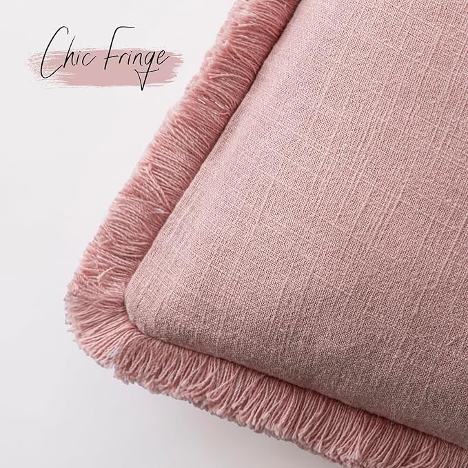Foindtower Set of 2 Decorative Linen Fringe Throw Pillow Covers Cozy Boho Farmhouse Cushion Cover with Tassels Soft Accent Pillowcase for Couch Sofa Bed Living Room Home Decor,24×24 Inch,Rose Pink