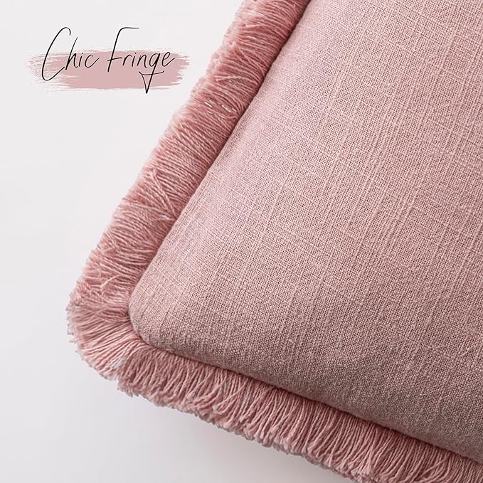 Foindtower Set of 2 Decorative Linen Fringe Throw Pillow Covers Cozy Boho Farmhouse Cushion Cover with Tassels Soft Accent Pillowcase for Couch Sofa Bed Living Room Home Decor,26×26 Inch,Rose Pink