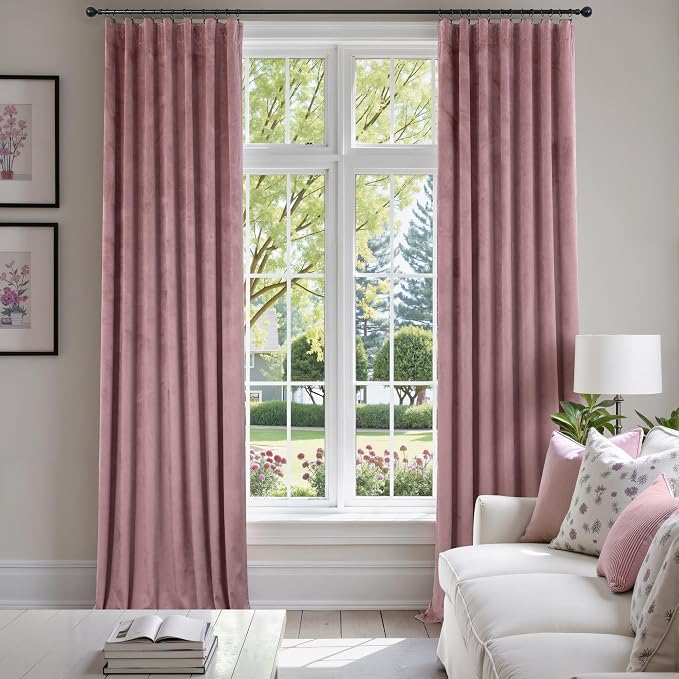 Dusty Rose Pink Velvet Curtains 84 Inch Length for Girls Bedroom 2 Panels Back Tab Pocket Pleated Pretty Cute Luxury Living Room Darkening Thermal Insulated Light Reducing Long Drapes for Dining Room