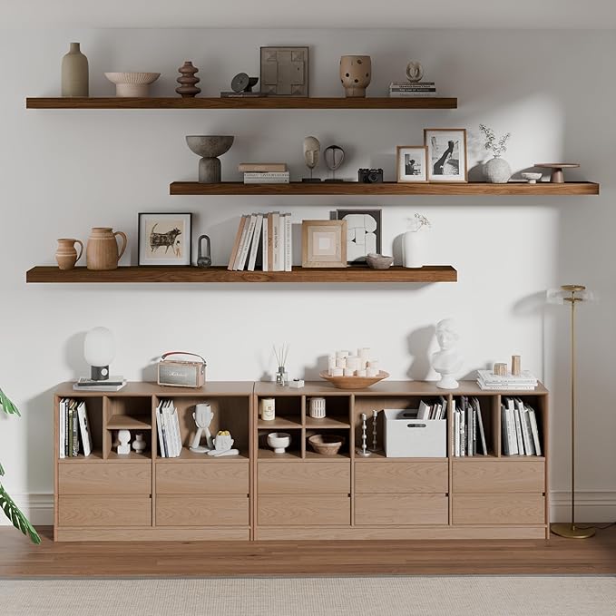 ROGMARS 72 Inches Long Walnut Floating Shelves | Rustic Solid Wood Farmhouse Wall Shelves with Invisible Brackets for Bathroom, Living Room, Bedroom, Kitchen Set of 3