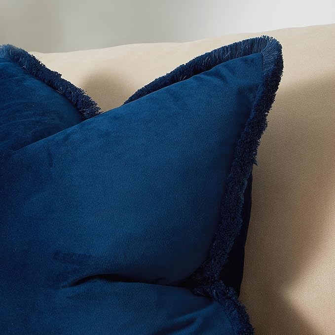 JUSPURBET Navy Blue Velvet Throw Pillow Covers 18x18 Inch Set of 2 with Soft Tassel Fringe Luxury Boho Pillowcase for Sofa Couch Bed Home Decor Machine Washable