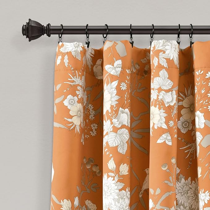 Lush Decor Botanical Garden Curtains Floral Bird Print Light Filtering Window Panel Drapes Set for Living, Dining, Bedroom (Pair), Orange, 52"W x 84L"
