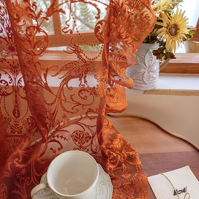 TUDECO Sheer Terracotta Curtains 96 Inches Long - Luxury Embroidered Floral Frilly Ruffle Curtains for Dining Room, Stunning Light Filtering Rod Pocket Thanksgiving Burnt Orange Decor, 59 x 96 Inch