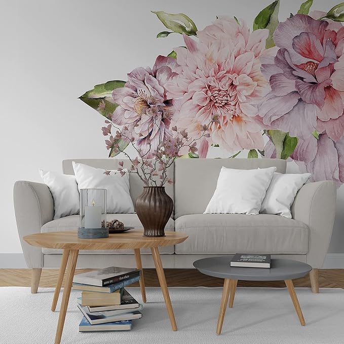 Big Peonies Floral Wall Decal - Watercolor Floral Sticker for Bedroom Decor - Removable Botanical Huge Wall Stickers (Big Leaf Decals)