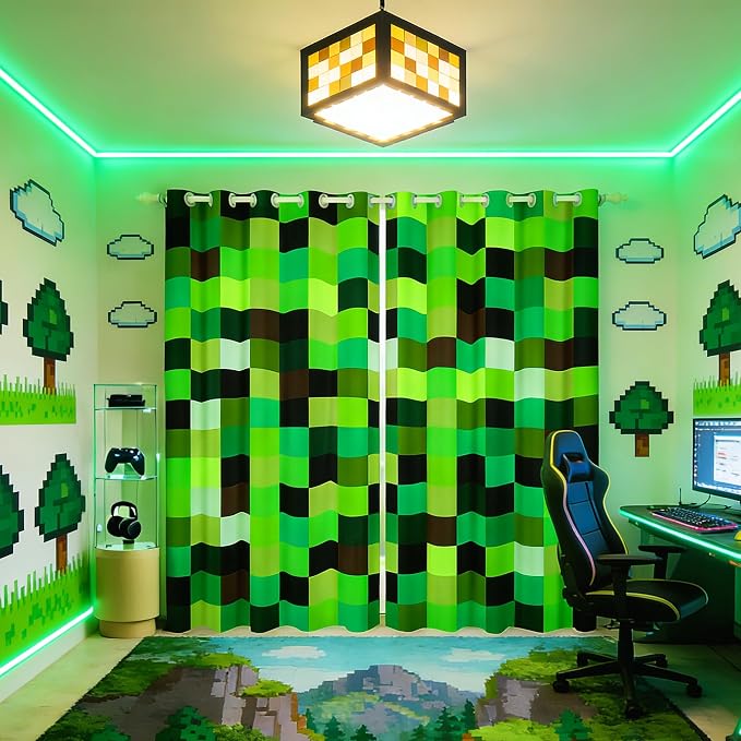 Castle Fairy Green Pixelated Grid Window Curtain,Miners Build Games Blackout Window Treatment,Kids Girls Teens Gradient Square Block Bedroom Curtains Soft Cozy Living Room Decor Top 2 Panels,38Wx54L