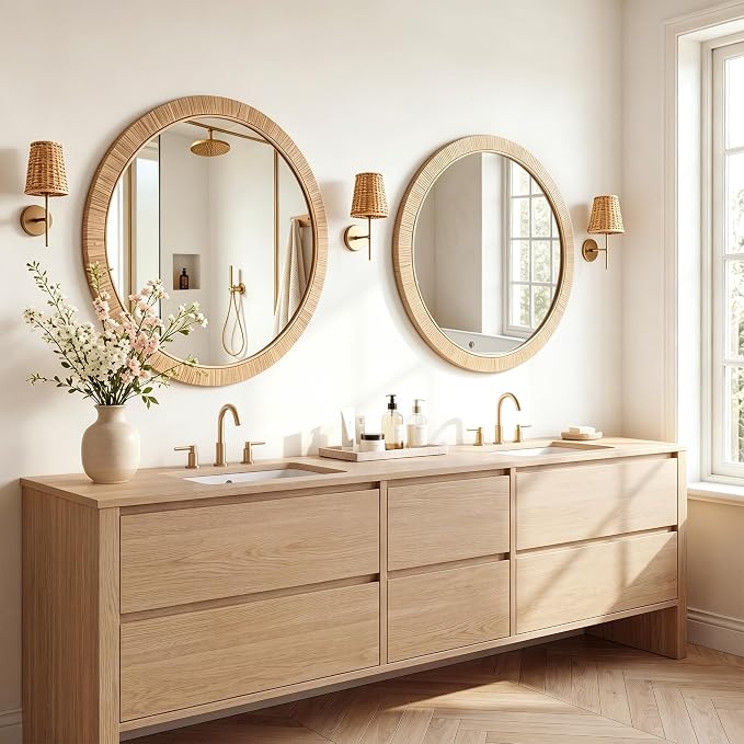 Decorative Rattan Wall Mirror, Boho Bathroom Modern Makeup, Rustic Wall Bohemia Mirrors for Bedroom, Living Room, Vanity Versatile Farmhouse, Nursery, Bathroom (Round 28“x28”