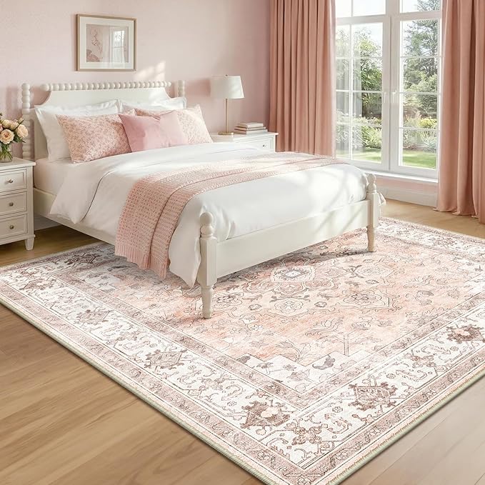 CAPALOCA Machine Washable Rugs Nursery Rug Sq6ft Cute Girl Non Slip Low Pile Water Repellent Soft Print Pattern for Bedroom Indoor Decor Kids Playroom Pink