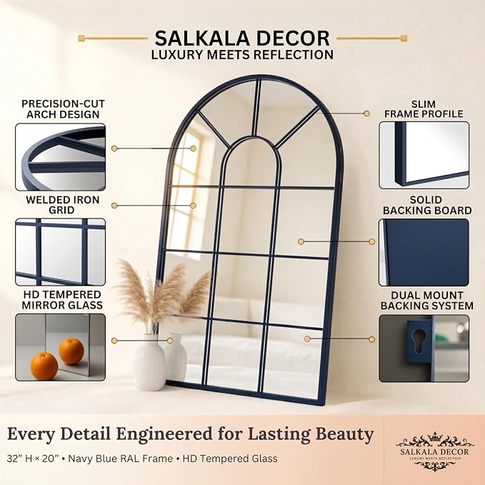 Blue Arched Windowpane Mirror 32x20 Inch, Decorative Mirrors for Wall Entryway Living Room, Farmhouse Arch Window Pane Mirror, Large Wall Mirror for Home Decor