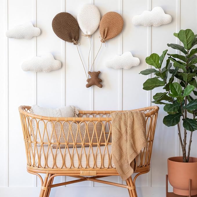 Chumia 5 Pcs Teddy Bear Nursery Wall Decor Balloons Nursery Wall Art with Clouds Star Soft Plush Baby Room Decor Gender Neutral for Bedroom Playroom Decoration