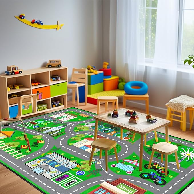 Kids Car Rug Play Mat 100×150cm (39×59 Inch), City Road Play Rug for Toddlers, Washable Non-Slip Car Track Playmat for Playroom, Bedroom, Nursery, Educational Floor Rugs for Kids, 3x5 Feet