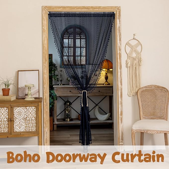 Sutuo Home Navy Blue Boho Doorway Curtain for Doorway Closet, Lace Sheer Door Curtain for Sliding Door Crochet Vintage Tassels Bohemian Privacy Temporary Room Divider Rod Pocket,1 Panel 37" x 80"