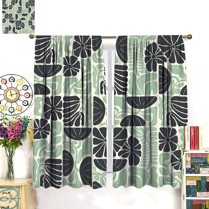 JESTRONRY Mid Century Boho Curtains, Modern Abstract Abstract Geometric Green Floral Pattern Print Blackout Window Door Curtains for Bedroom Living Room Home Decor 55x63in
