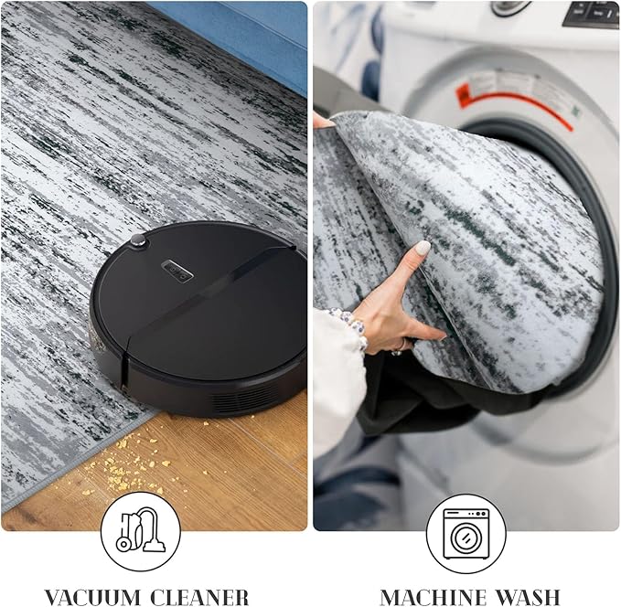 Lansny Modern Abstract Runner Rug 2.6x10, Black Grey White Washable Long Kitchen Runner Non-Slip Soft Hallway Rug Runner Thin Print Faux Wool Carpet for Entryway Bedroom Laundry Room Indoor Home Decor