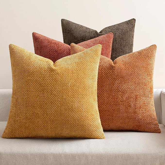 MIULEE Pack of 4 Orange/Yellow Couch Throw Pillow Covers 20x20 Inch Halloween Soft Decorative Chenille Pillows Farmhouse Accent Cushions for Boho Fall Home Decor Sofa Bedroom Living Room