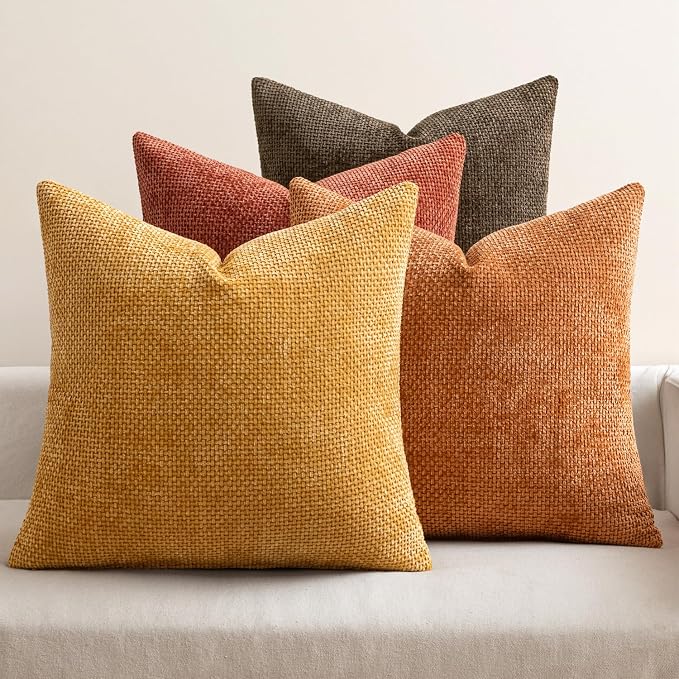 MIULEE Pack of 4 Orange/Yellow Couch Throw Pillow Covers 18x18 Inch Halloween Soft Decorative Chenille Pillows Farmhouse Accent Cushions for Boho Fall Home Decor Sofa Bedroom Living Room