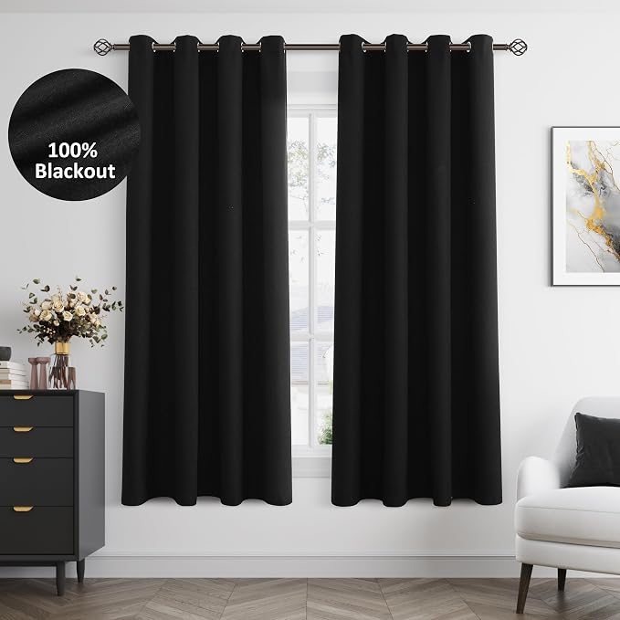 Jowels Black Linen Blackout Curtains 63 Length 2 Panels Set for Living Room Bedroom, 100% Black Out Thermal Insulated Linen Drapes, Room Darkening Grommet Curtains 63 Inches Long