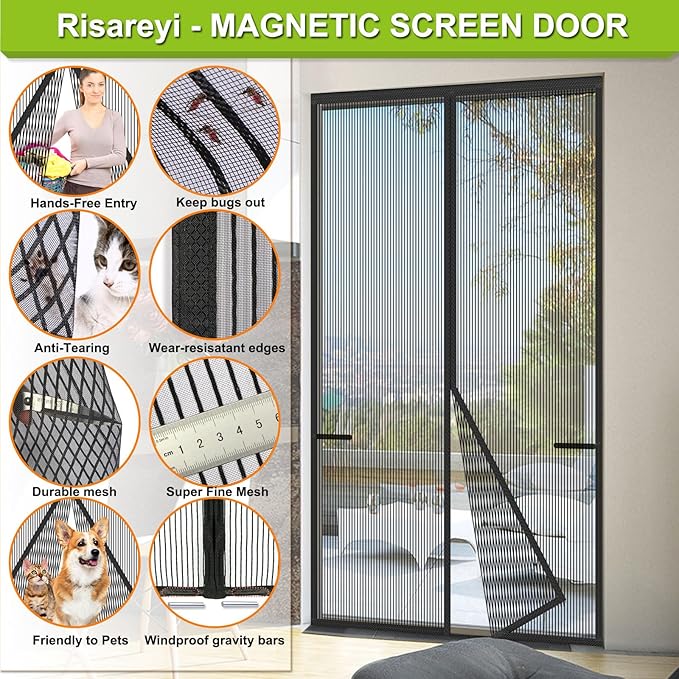 Risareyi Magnetic Screen Door Heavy Duty, Front Door Screen Magnetic Closure Thicken Tear-Resistant Mesh Keep Bugs Out, Black - Net Curtain Itself Size 62" x 84"