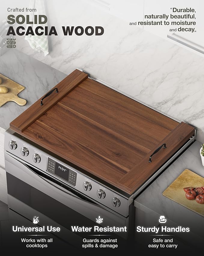BLUEWEST Noodle Board Stove Cover, Acacia Wood Stove Top Covers Board for Gas Burners and Electric Stove, Extra Thick Wooden RV Stovetop Cover/Sink Cover - Tray for Kitchen Counter Space