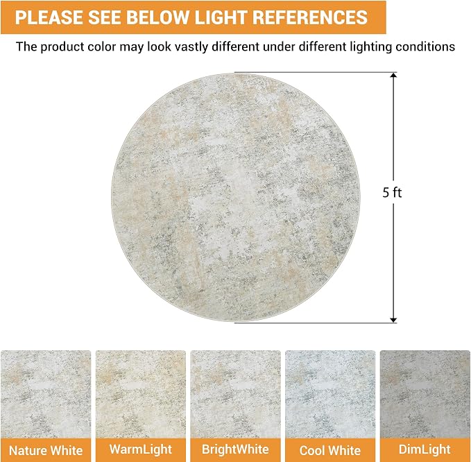 Round Rug 5ft Circle Rug Washable: Carpet Small Circular Area Rug for Entryway Kitchen Bedroom Dining Room Living Room 5 Feet Abstract College Dorm Non Slip Low Pile Beige Grey