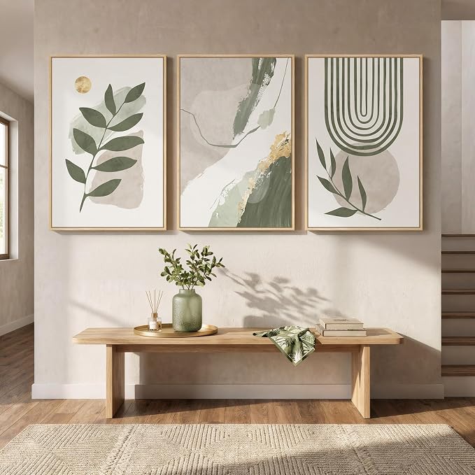 3 Piece Large Framed Abstract Boho Wall Art for Living Room, Minimalist Sage Green Plant Canvas Artwork for Walls, Modern Botanical Leaf Prints Paintings for Bedroom Hallway 24x36 Inch