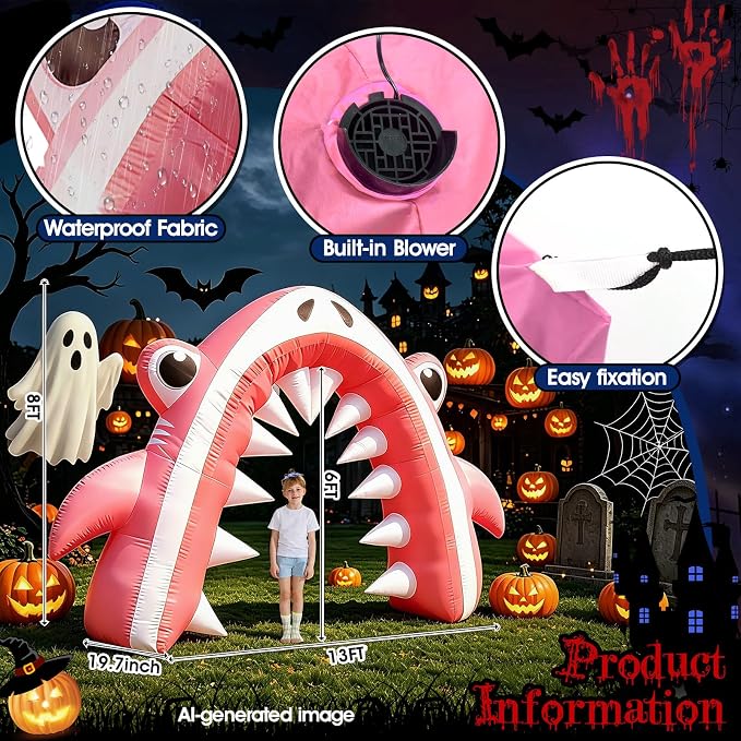 13FT Halloween Pink Shark Inflatable Arch for Yard Lawn Decor | Giant Shark Blow Up with Built-in 6 LED Lights and 1 Blower for Indoor/Outdoor Halloween Shark Birthday Party Decoration